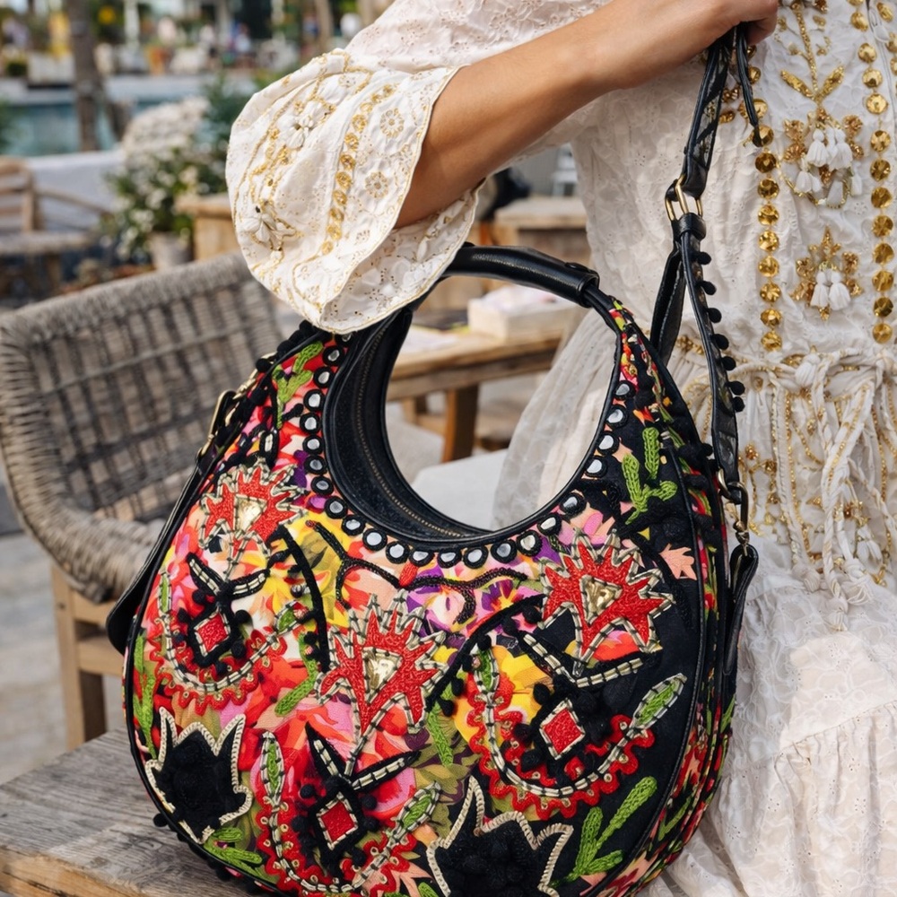 Vibrant Multicolor Embroidered Hobo Bag .100% Leather Trim and handle